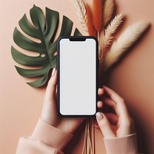 Mockup de pantalla en blanco de teléfono inteligente manos de la gente colocadas planas