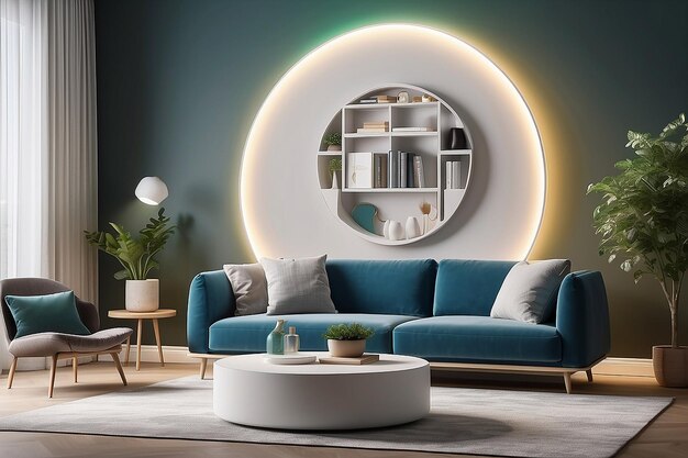 Foto mockup de pantalla circular de espacio de vida personalizado con muebles inteligentes e iluminación ambiental