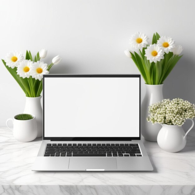 Mockup de la pantalla del portátil en la mesa con flores en el jarrón