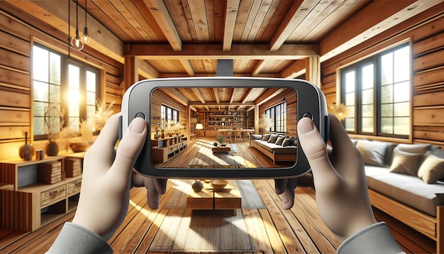 Foto mockup de pantalla de realidad virtual diseño de interiores de sala de estar mock up de pantalla de visualización de realidad virtual