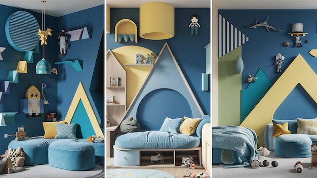 Mockup de la pared azul en la habitación de los niños3d renderización