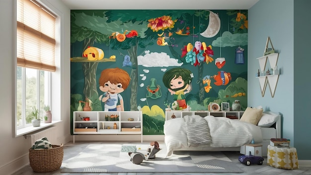 Mockup de pared en la habitación de los niños en la pared colores blancos fondo3d renderización