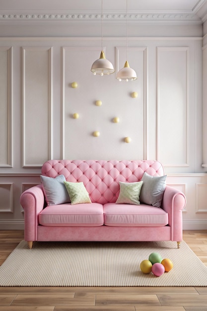 Mockup de pared en la habitación de los niños con sofá rosa en la pared fondo de color blanco 3d render