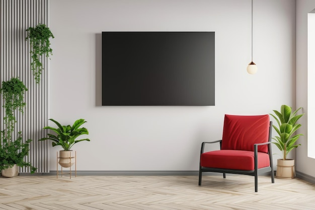 Mockup una pared de TV montada con un sillón rojo en la sala de estar con una pared blanca