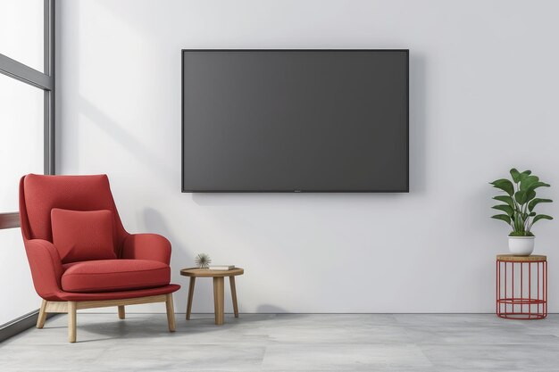 Mockup una pared de TV montada con un sillón rojo en la sala de estar con una pared blanca