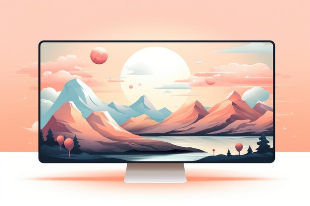 Mockup de PC con ilustración en sencillos colores pastel lugar de trabajo Generative Ai