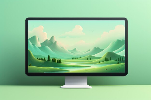 Foto mockup de pc con ilustración en sencillos colores pastel lugar de trabajo generative ai