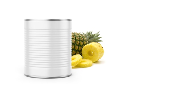 Mockup de piña enlatada aislada sobre un fondo blanco