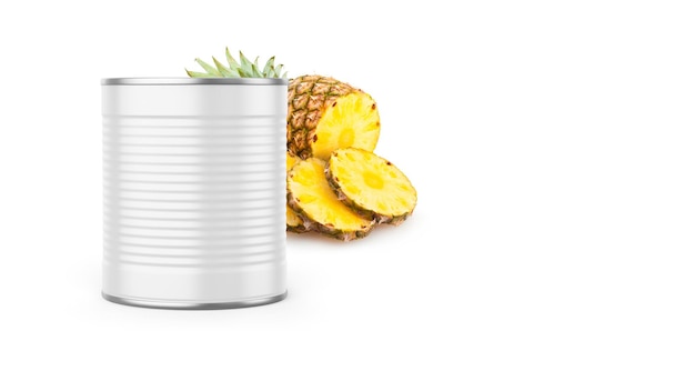 Mockup de piña enlatada aislada sobre un fondo blanco