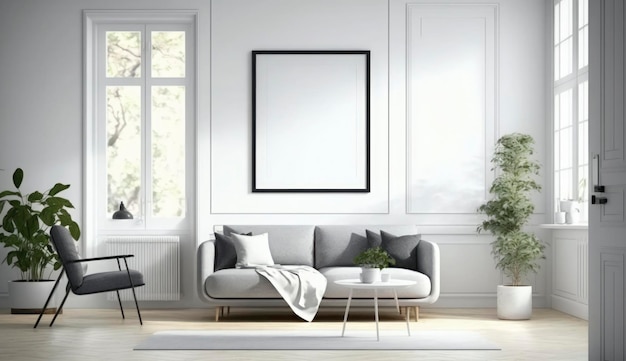 Mockup-Plakatrahmen an der Wand des Wohnzimmers Luxuriöser Wohnungshintergrund mit zeitgenössischem Design Modernes Innendesign 3D-Rendering 3D-Darstellung Generieren Sie Ai