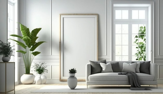 Mockup-Plakatrahmen an der Wand des Wohnzimmers Luxuriöser Wohnungshintergrund mit zeitgenössischem Design Modernes Innendesign 3D-Rendering 3D-Darstellung Generieren Sie Ai