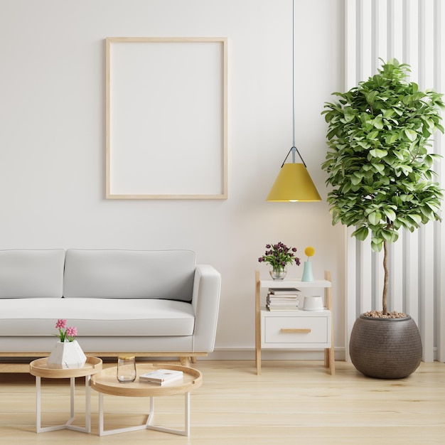 Mockup-Plakatrahmen im modernen Innenhintergrund mit grauem Sofa und Accessoires im Raum