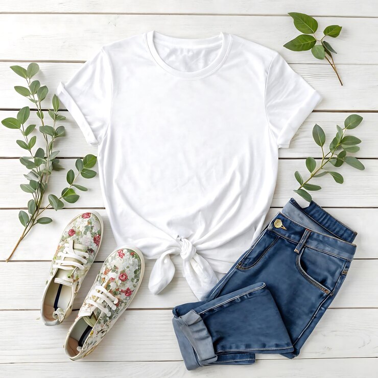 Mockup plano de camiseta blanca vaqueros azules y zapatillas florales con vegetación en la espalda de madera blanca