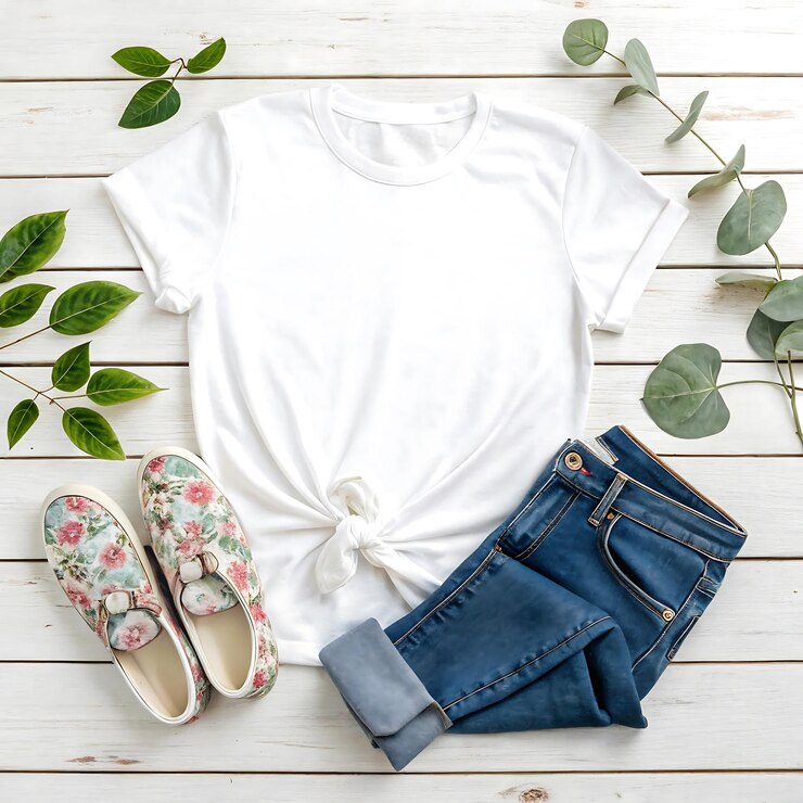 Mockup plano de camiseta blanca vaqueros azules y zapatillas florales con vegetación en la espalda de madera blanca