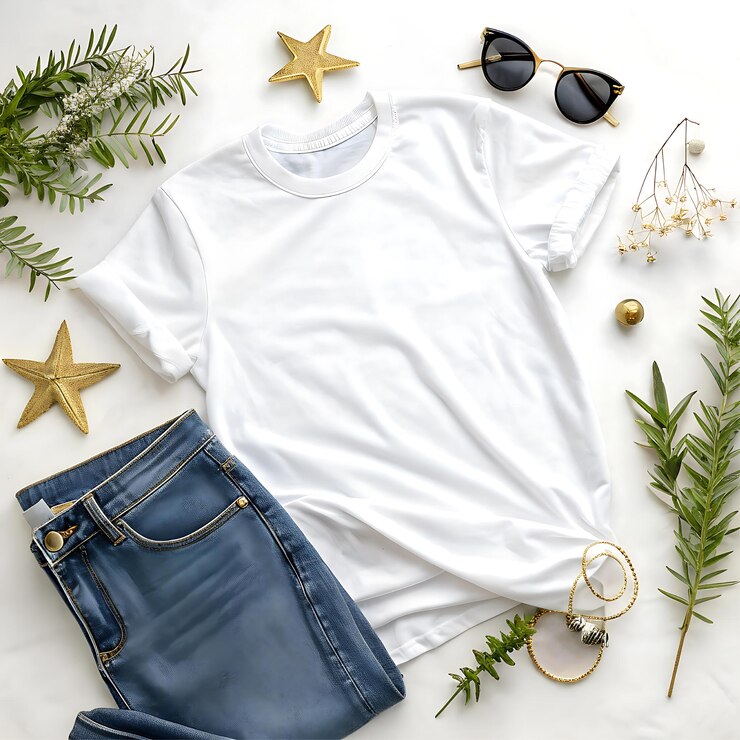 Mockup plano de camiseta blanca vaqueros azules y zapatillas florales con vegetación en la espalda de madera blanca