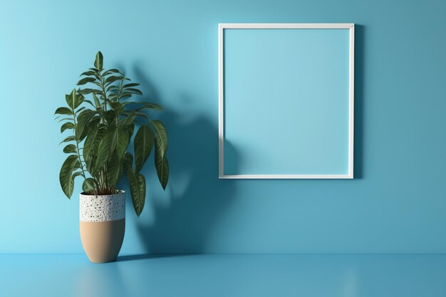 Mockup de planta con pared azul