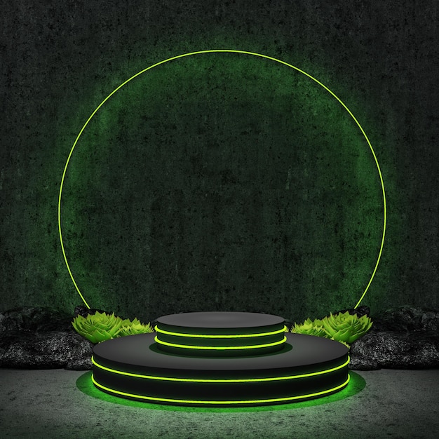 Mockup de podio con luces de neón verdes