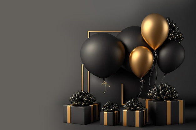 Mockup Podium Geburtstag schwarze Geschenke minimale Goldballons in schwarzem Blackground Generative AI