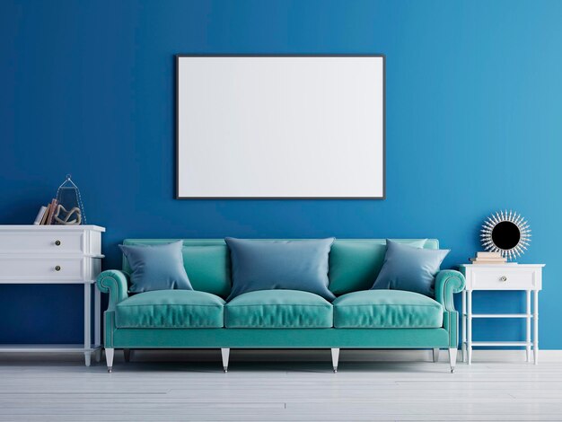 Mockup-Poster an der Wand Luxus-Wohnzimmer blaues klassisches Sofa und Wand 3D-Rendering