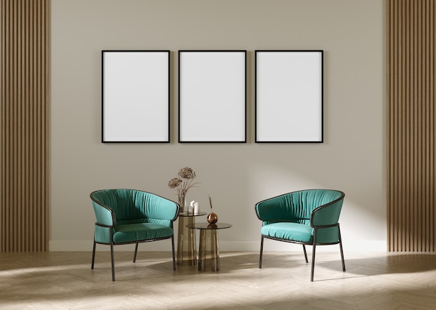 Mockup-Poster drei Rahmen mit zwei grünen Sesseln, Heimtextilien und Holzpaneel im Wohnzimmer. 3D-Rendering, 3D-Darstellung.