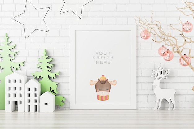 Mockup-Poster-Fotorahmen mit Weihnachtsdekoration. 3D gerendert.