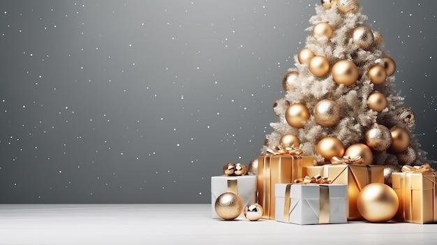 Mockup-Poster mit Seitenansicht Weihnachtsbaumdekoration mit Geschenkkisten auf grauem Hintergrund