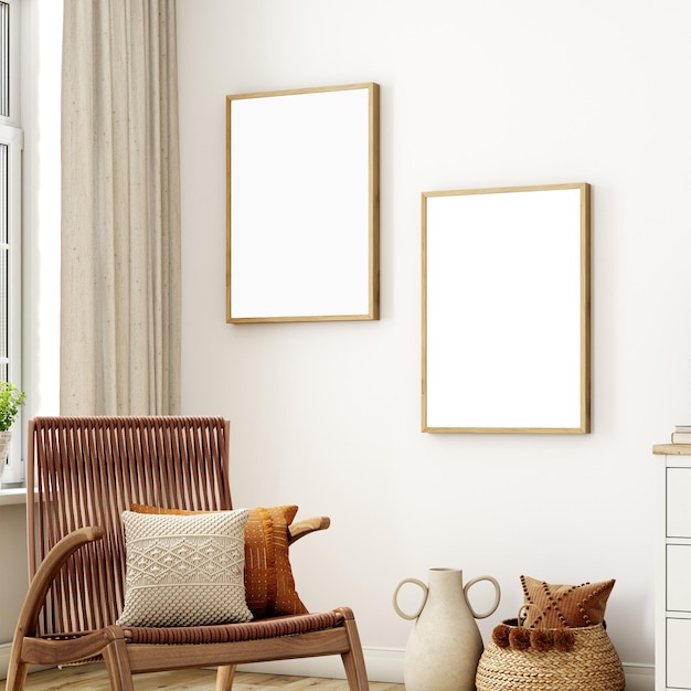 Mockup póster en la sala de estar estilo Boho