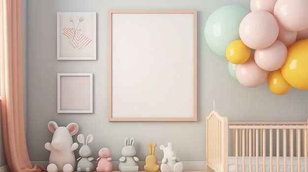 Mockup-Posterrahmen aus nächster Nähe im Kinderzimmer 3D-Rendering Helle Farben Generative Ai