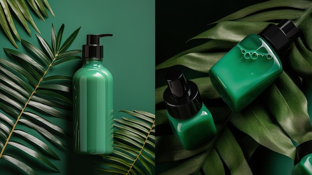 Mockup con productos cosméticos y fondo tropical.