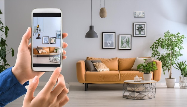 Mockup de realidad virtual desde el teléfono inteligente para ayudar a las personas a visualizar sus diseños interiores de casa