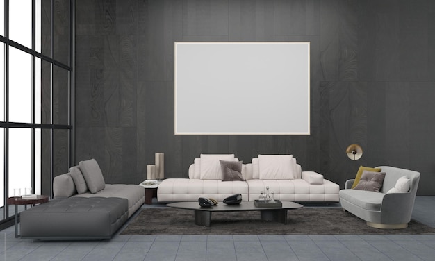 Mockup realista 3D renderizado interior da moderna sala de estar com sofá e mesa