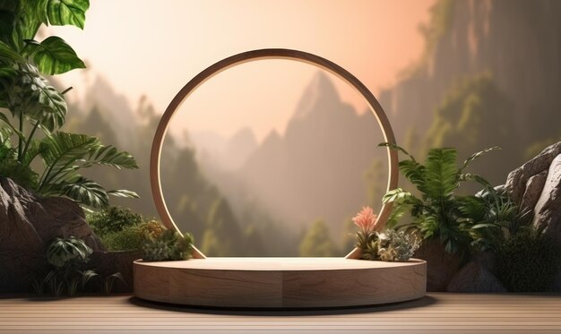 Foto mockup realista de pódio com cena tropical para exibição ou vitrine de produtos