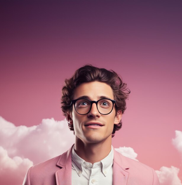 Mockup retrato y hombre con gafas sonrisa y nubes en un fondo de estudio rosa cara persona y