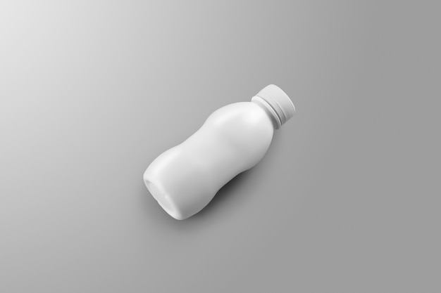 Mockup-Serie für Getränkeverpackungen. Kleine leere Plastikflasche mit Reflexionen und Schatten liegt auf einem grauen Studiohintergrund. Vorlage, die in Ihrem Design verwendet werden kann.