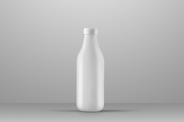 Mockup-Serie für Getränkeverpackungen. Weiße Plastikflasche mit Reflexionen und Schatten auf grauem Studiohintergrund. Platzierung vorn. Vorlage, die in Ihrem Design verwendet werden kann