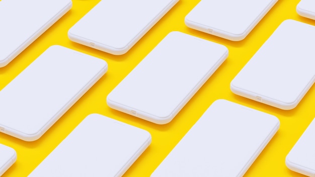 Mockup de smartphone blanco dispuesto sobre fondo amarillo. Concepto de idea mínima, 3D Render.