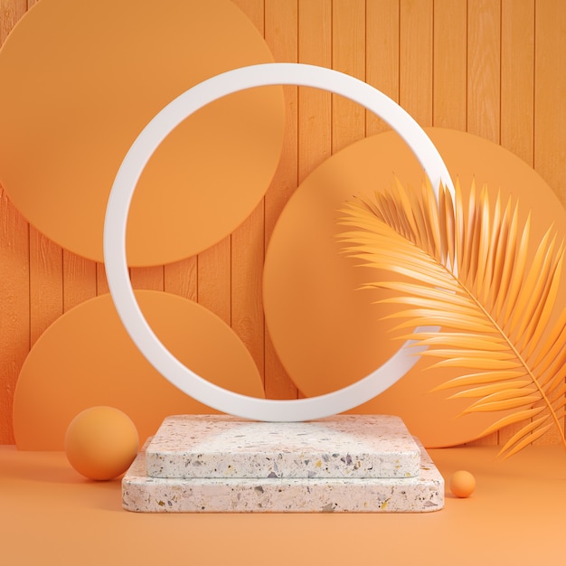 Mockup Step Stone Display com folha de palmeira em fundo abstrato laranja renderização em 3D