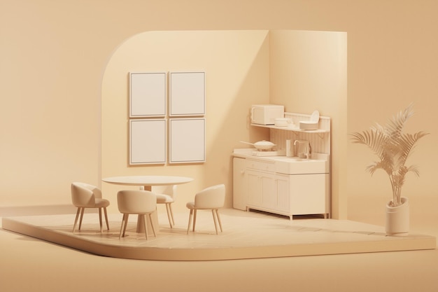 Mockup-Studio für Küchenpräsentation Mode darstellende Kunst auf beigem Hintergrund 3D-Render