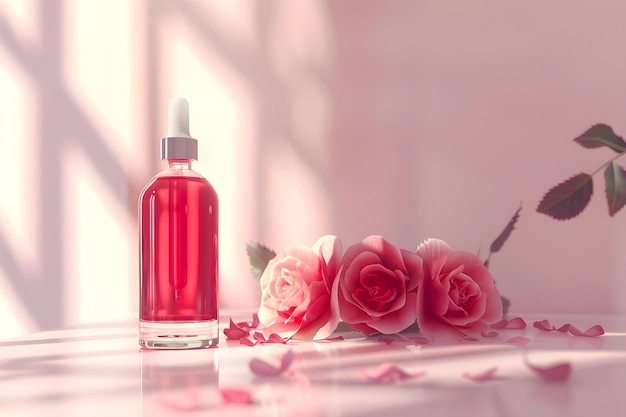 Mockup de suero cosmético con extracto de rosa en botella de vidrio Concepto de maquillaje cosmético Diseño de suero de extracto de rosas botella de cristal Producto de belleza