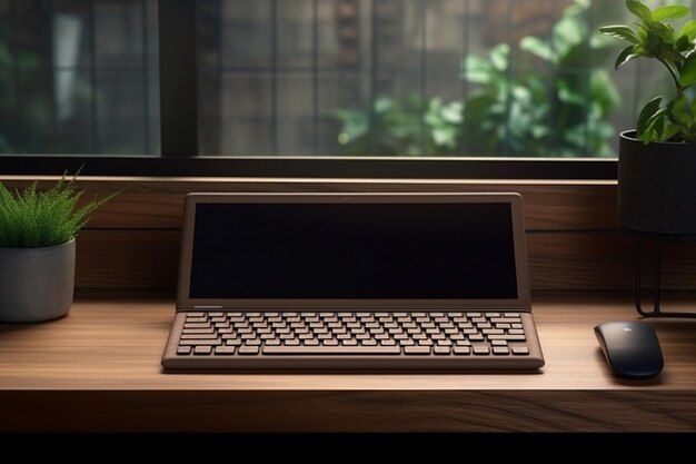 Mockup tablet com teclado mágico em tablet de madeira em sala de escritório de tom escuro