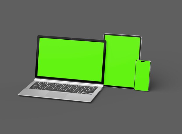 Mockup de una tableta portátil y un teléfono inteligente sobre un fondo gris