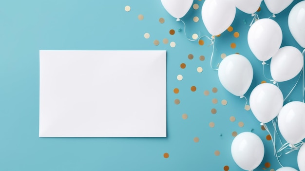 Foto mockup de tarjeta de cumpleaños en blanco con acentos festivos en fondo azul claro confeti y globos