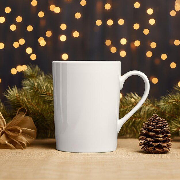 Mockup de taza blanca en blanco de elegancia navideña en un entorno festivo