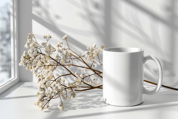 Mockup de taza blanca en escena fotográfica creada con IA generativa