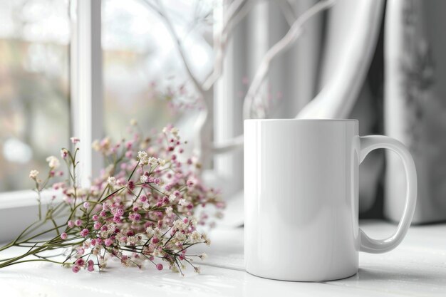 Mockup de taza blanca en escena fotográfica creada con IA generativa