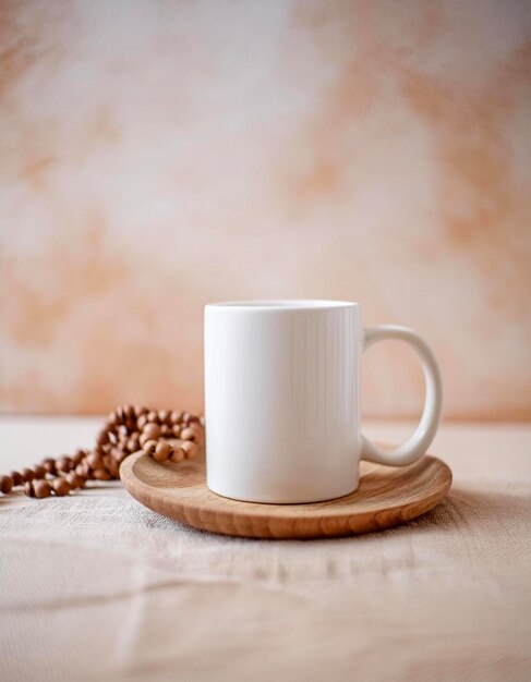 Foto mockup de taza de café acogedora en una montaña rusa de madera con un fondo de tonos cálidos