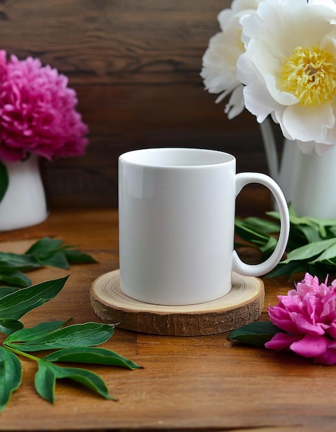 Mockup de la taza de la delicia de la peonía