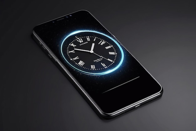 Foto mockup de teléfono inteligente en blanco digital de pantalla completa aislado en negro con representación 3d de pantalla de reloj