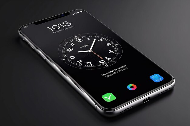 Mockup de teléfono inteligente en blanco digital de pantalla completa aislado en negro con representación 3D de pantalla de reloj