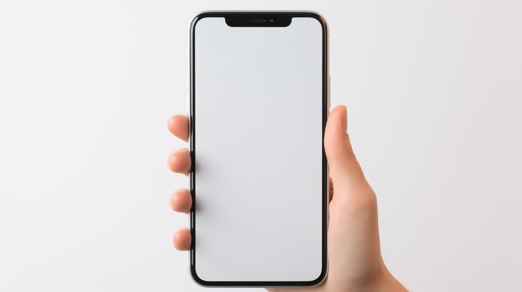 Mockup de teléfono inteligente en la mano sobre un fondo blanco generado por la IA